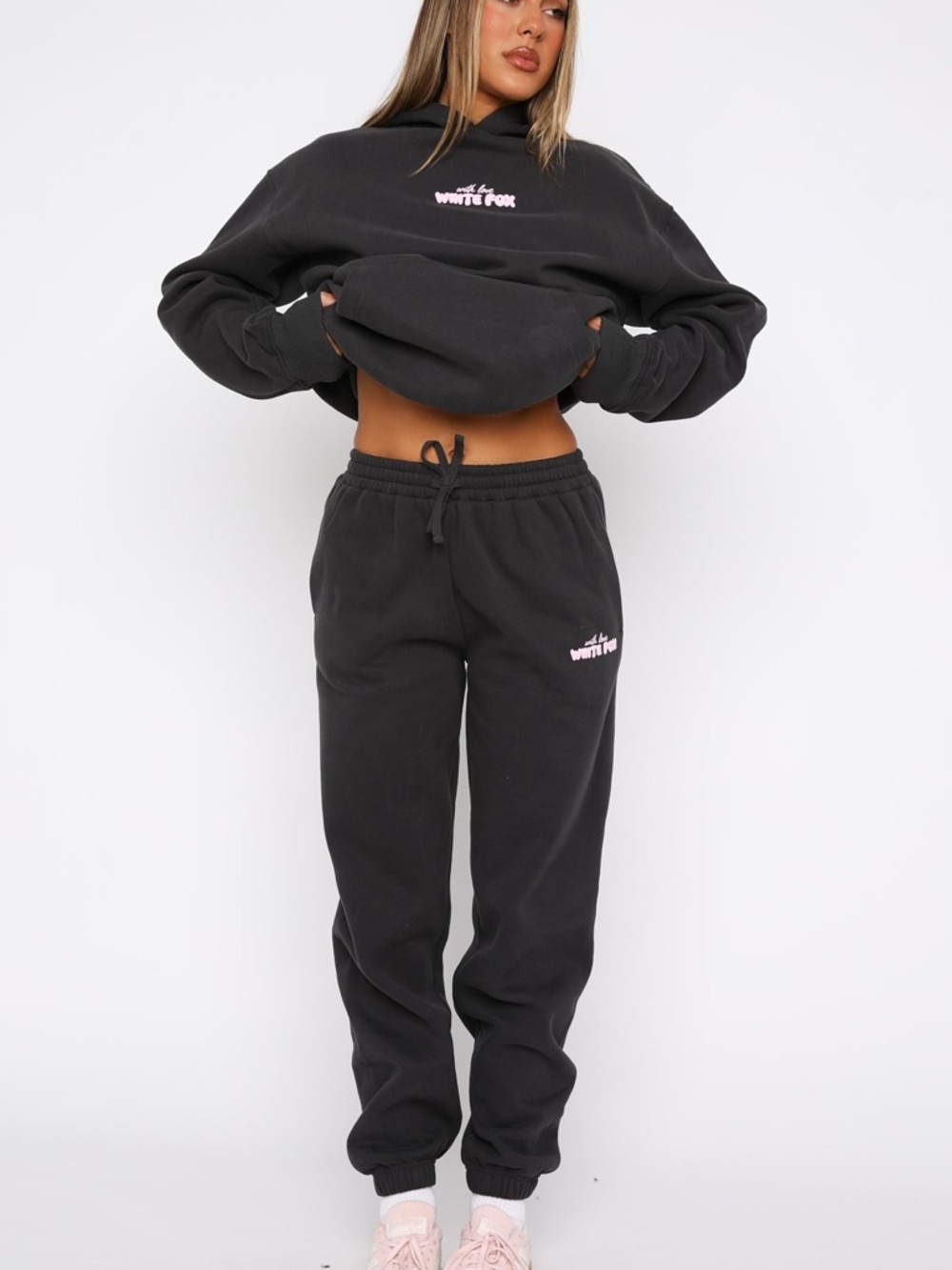 White Fox Boutique charcoal grey Jogger Pants with Pink Logo - Picture 2 of 9